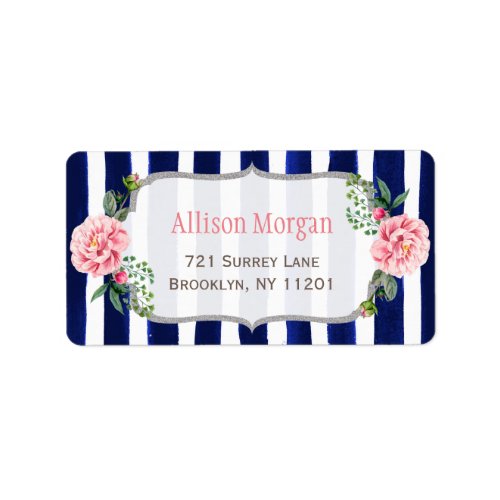 Beautiful Floral Silver Glitter Navy Blue Stripes Label