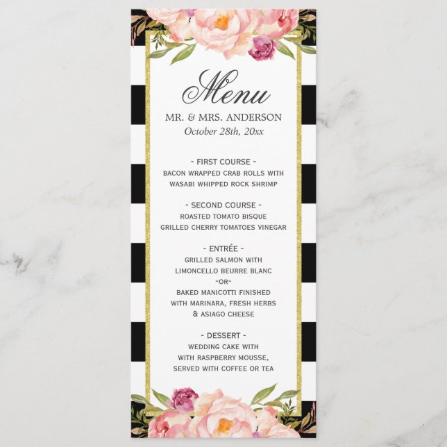 Beautiful Floral Stripes Modern Wedding Menu (Front)