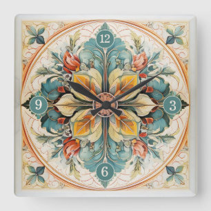 Beautiful Floral Tile Pat#15 Teal Yellow ID1078 Square Wall Clock
