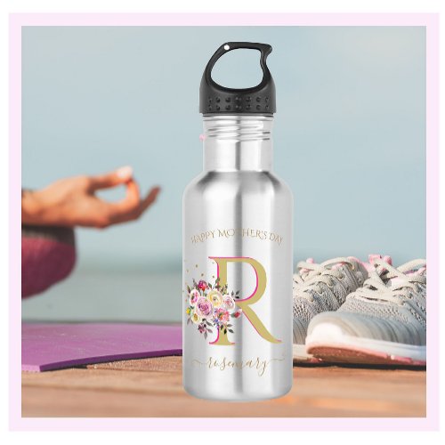 Beautiful Floral Two_Tone Monogram Name  Stainless Steel Water Bottle