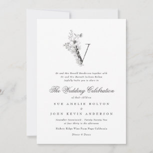 Beautiful Floral 'V' Monogram Sketched Wedding Invitation