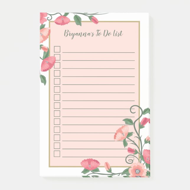 Beautiful Floral Vines Checkbox To Do List Post-it Notes (Front)