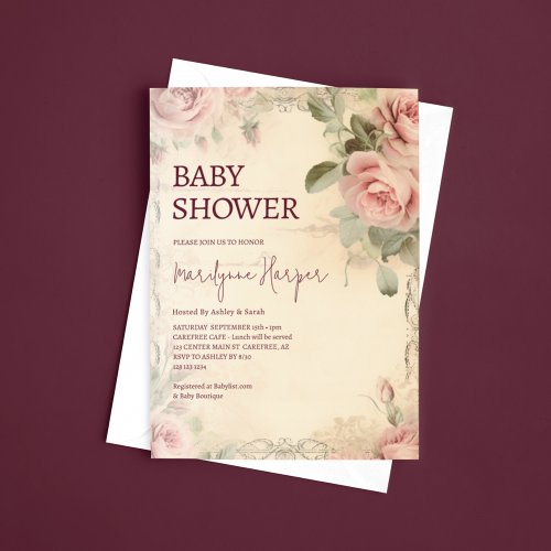 Beautiful Floral Vintage Roses Baby Shower Invitation