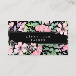 Beautiful Floral Watercolor Frame on Black Business Card