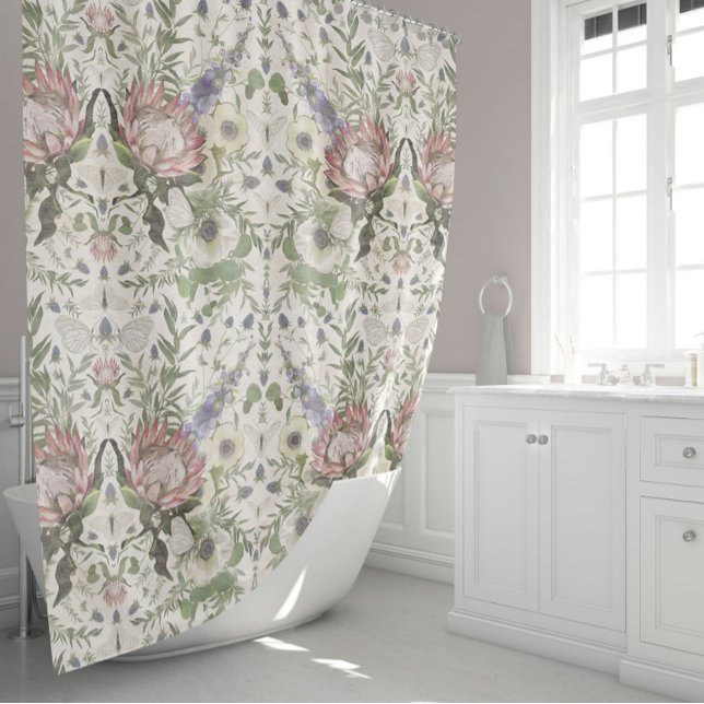 Beautiful Floral Watercolor Shower Curtain (Elegant Butterflies Floral Protea Anemone Larkspur Shower Curtain from Studio Posies.)