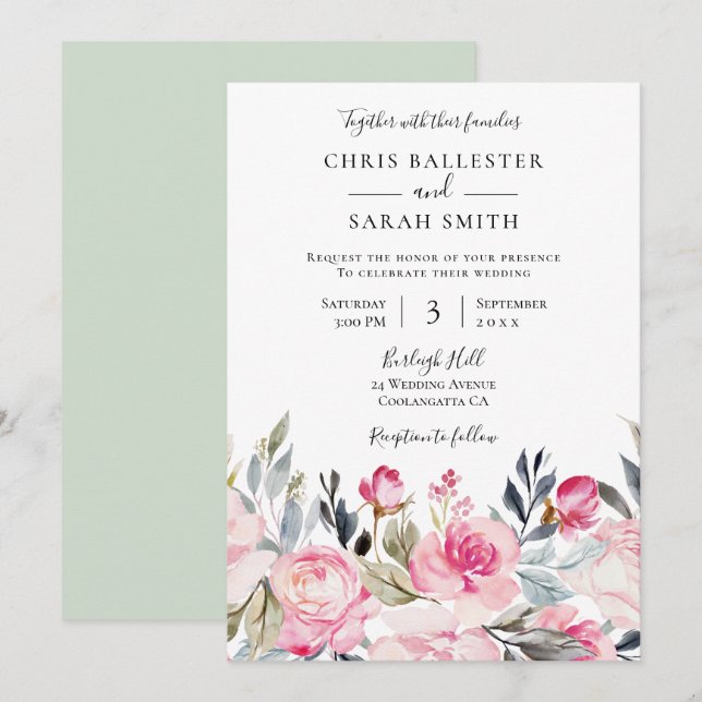Beautiful Floral Watercolor Spring Wedding Invitation (Front/Back)