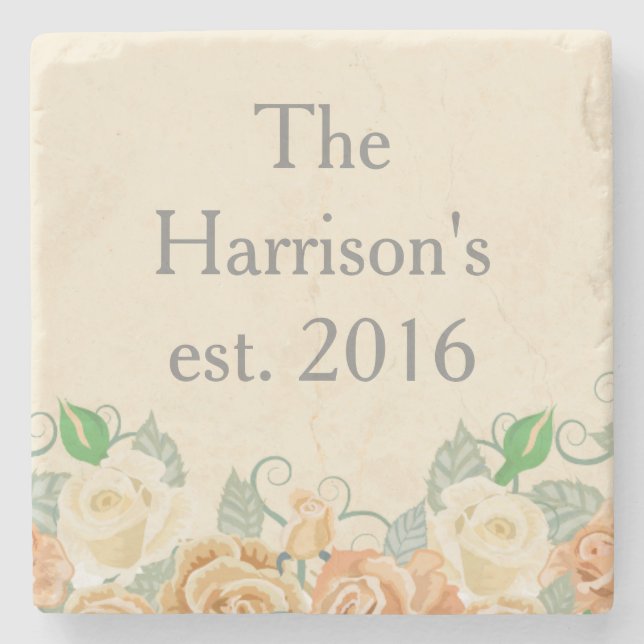 Beautiful Floral Wedding Name Stone Coaster (Front)
