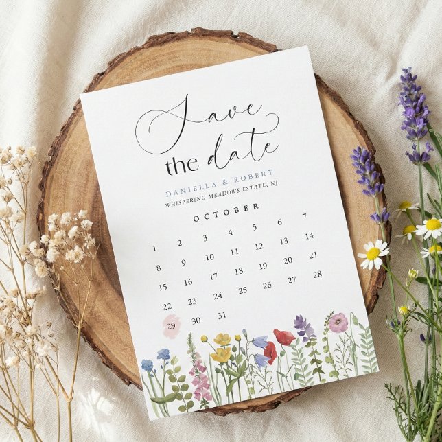 Beautiful Floral Wildflower Wedding Calendar  Save The Date (modern save the date calendar wildflower wedding invitation in romantic script calligraphy)