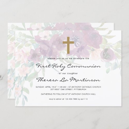 Beautiful Floral with Cross First Holy Communion Invitation