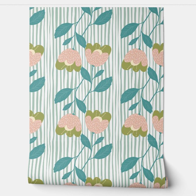 Beautiful floral with stripes Cute blue background Wallpaper (Unrolling)