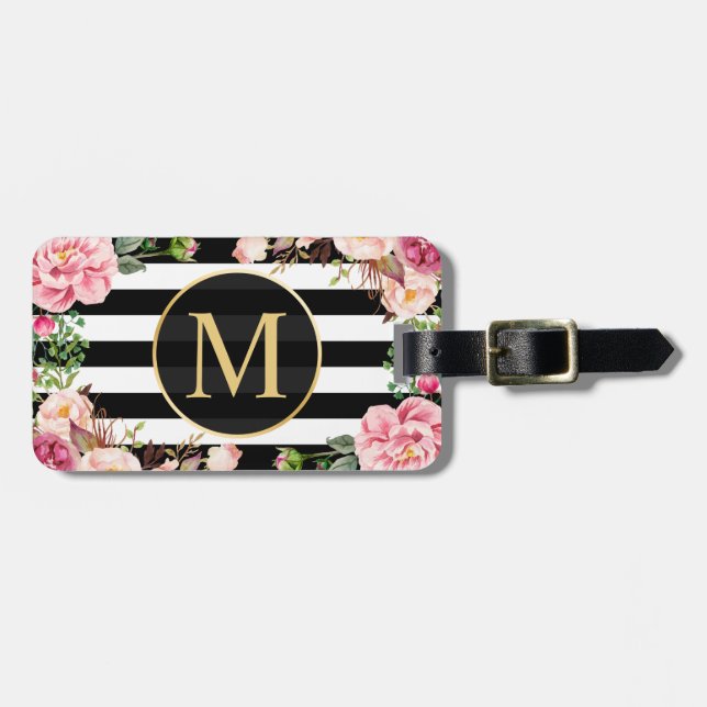 Beautiful Floral Wrap Black White Stripes Monogram Luggage Tag (Front Horizontal)