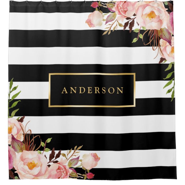 Beautiful Floral Wrap Gold Frame Elegant Stripes Shower Curtain (Front)