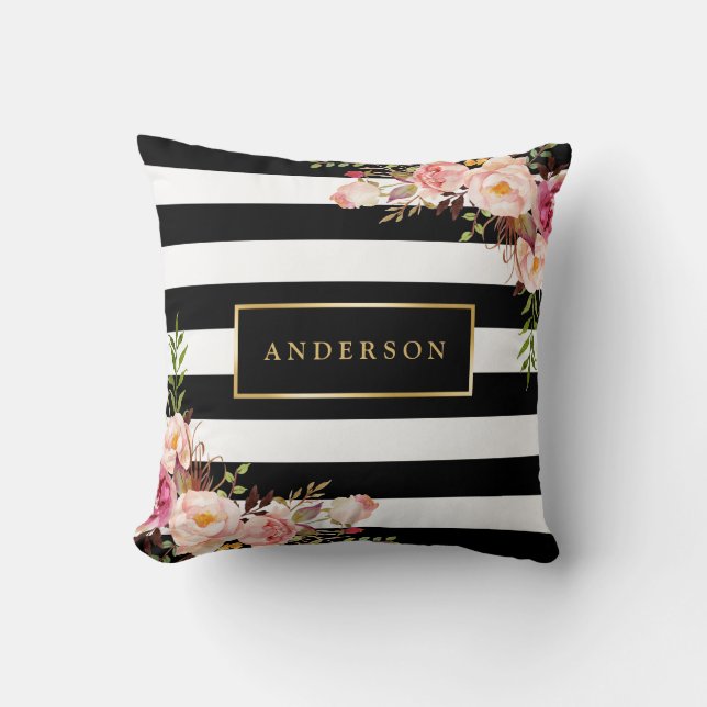 Beautiful Floral Wrap Gold Frame Elegant Stripes Throw Pillow (Front)