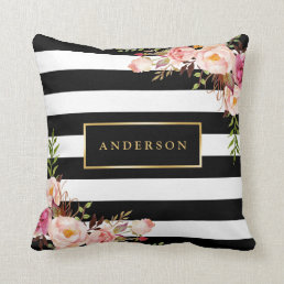 Beautiful Floral Wrap Gold Frame Elegant Stripes Throw Pillow