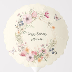 Beautiful Floral Wreath and Butterflies Birthday Balloon