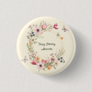 Beautiful Floral Wreath and Butterflies Birthday Button