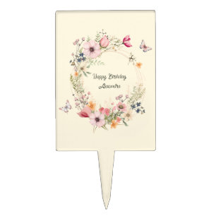 Beautiful Floral Wreath and Butterflies Birthday Cake Topper