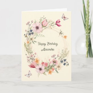 Beautiful Floral Wreath and Butterflies Birthday