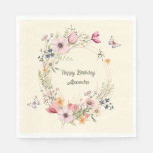 Beautiful Floral Wreath and Butterflies Birthday Napkins