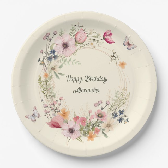 Beautiful Floral Wreath and Butterflies Birthday Paper Plates (Front)