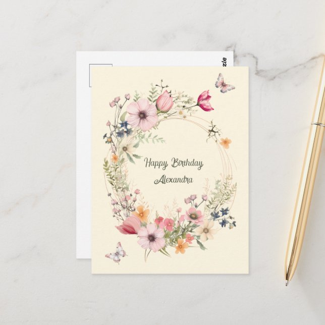 Beautiful Floral Wreath and Butterflies Birthday Postcard (Front/Back In Situ)