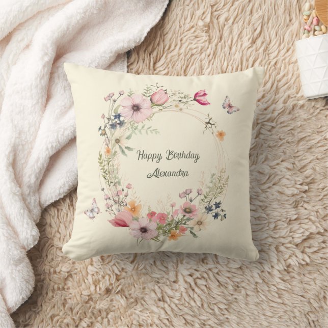 Beautiful Floral Wreath and Butterflies Birthday Throw Pillow (Blanket)