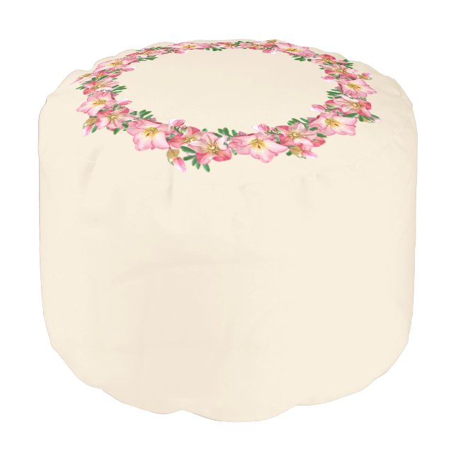 Beautiful Floral Wreath on Champagne Beige Pouf (Angled Front)