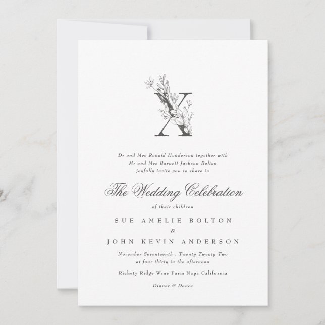 Beautiful Floral 'X' Monogram Sketched Wedding Invitation (Front)