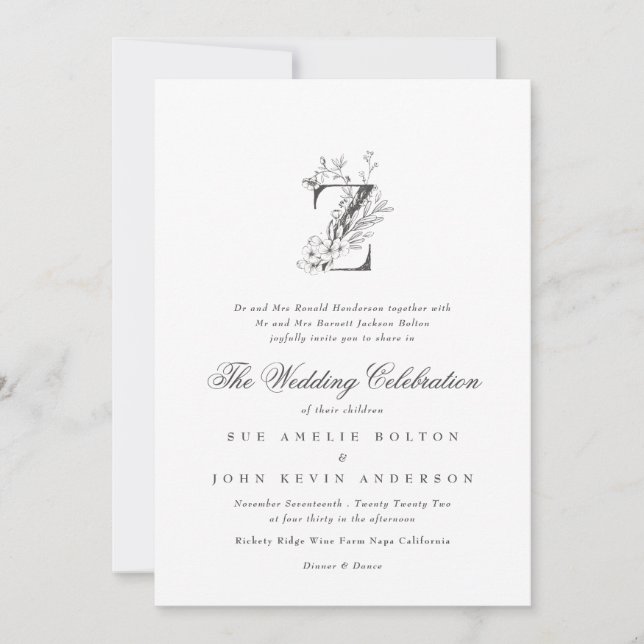 Beautiful Floral 'Z' Monogram Sketched Wedding Invitation (Front)
