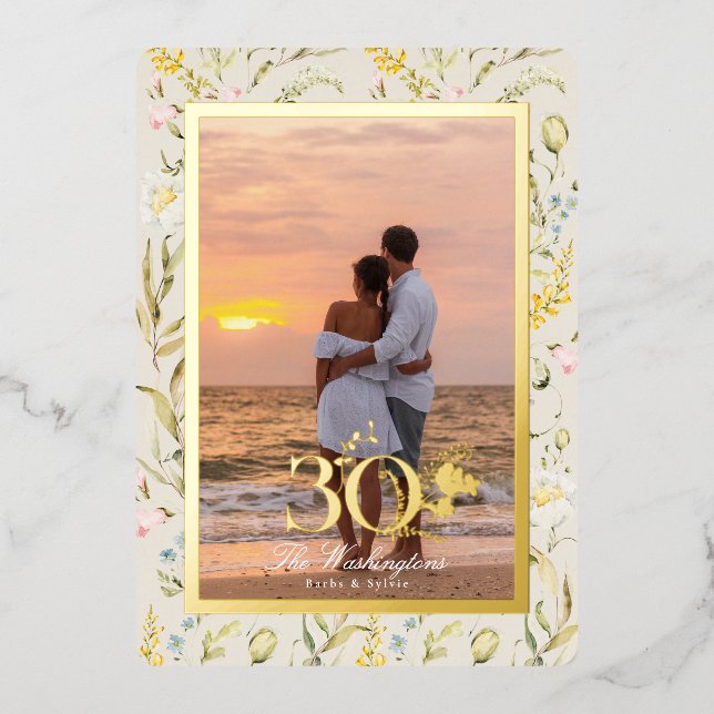 Beautiful Flower 30th Wedding Anniversary Gold Foil Invitation (Front)
