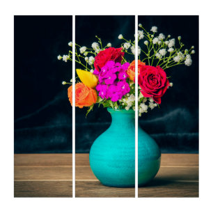 Beautiful Flower Arrangement Still Life Faux Canva Triptych