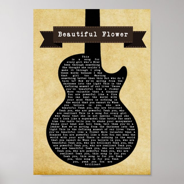 Beautiful Flower Black Guitar Song Lyric Print (Front)