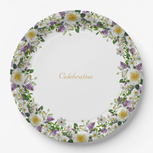 Beautiful flower crown  wreath in violet &  white paper plates (Front)