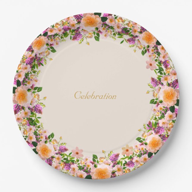 Beautiful flower crown  wreath on sand beige paper plates (Front)
