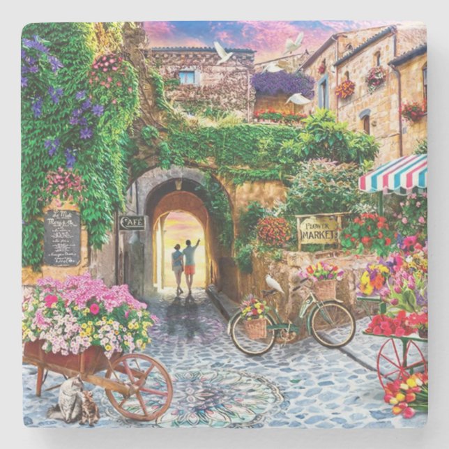 Beautiful Flower Market Fine Art Stone Coaster (Front)