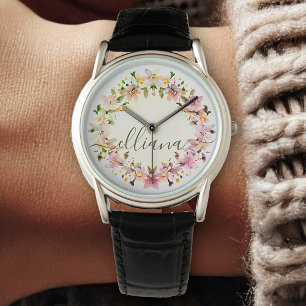 Beautiful Flower Wreath Pastel Watercolor Green Watch