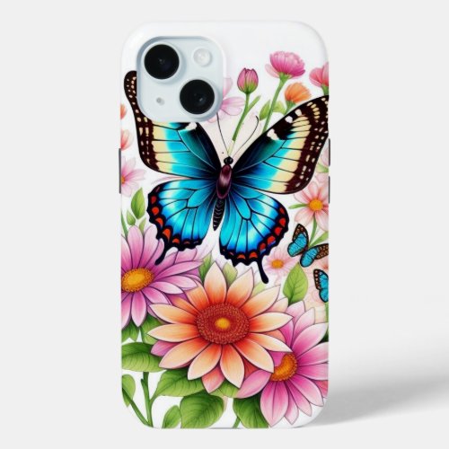 Beautiful Flowers And Butterflies  iPhone 15 Case