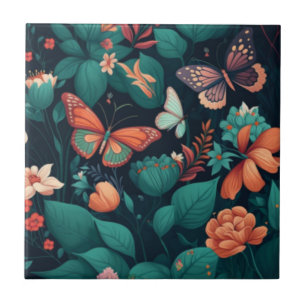 Beautiful flowers and butterflies in the jungle ceramic tile