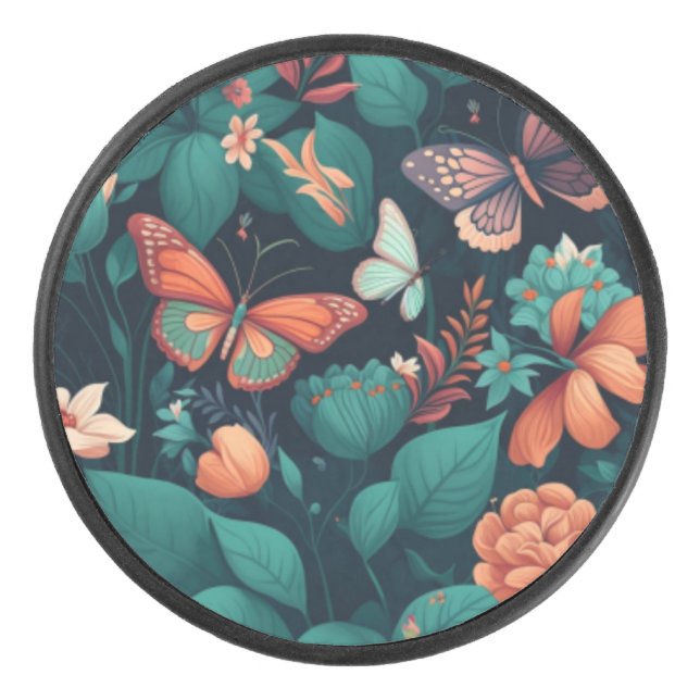 Beautiful flowers and butterflies in the jungle hockey puck (Front)