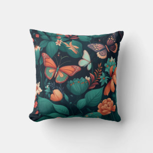 Beautiful flowers and butterflies in the jungle throw pillow