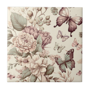 Beautiful flowers and butterflies pastel colors ceramic tile