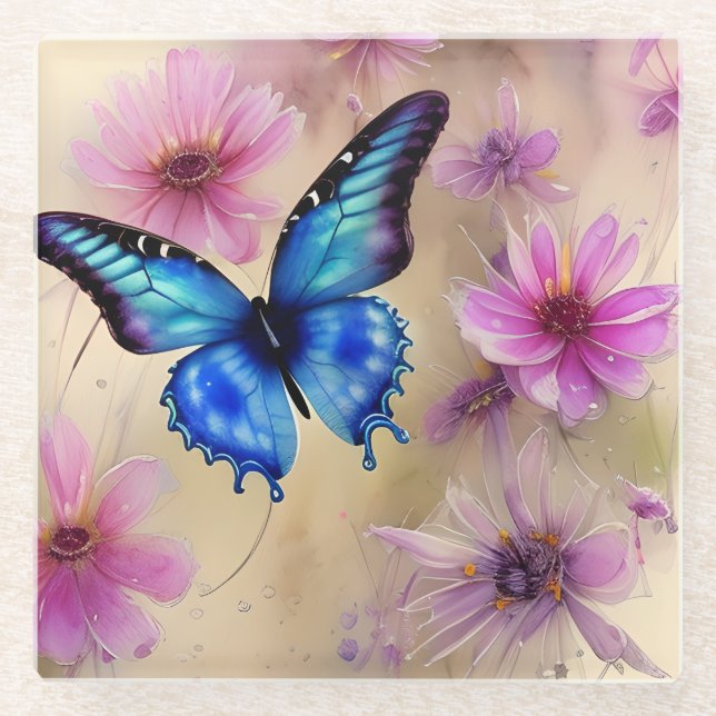 Beautiful Flowers and Butterfly  Glass Coaster (Front)