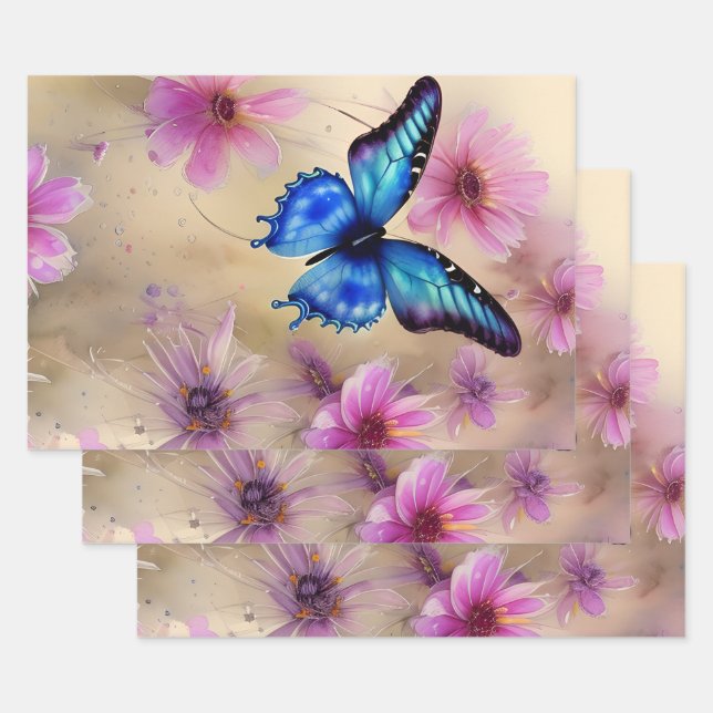 Beautiful Flowers and Butterfly Wrapping Paper Sheets (Set)