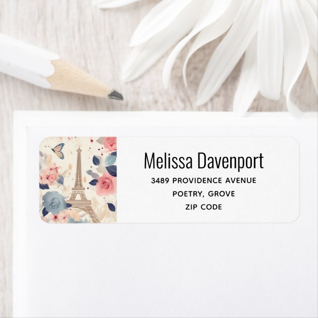 Beautiful Flowers and Eiffel Tower Paris Address Label (Insitu)