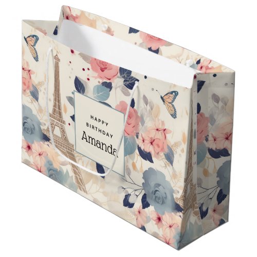 Beautiful Flowers and Eiffel Tower Paris Birthday Large Gift Bag