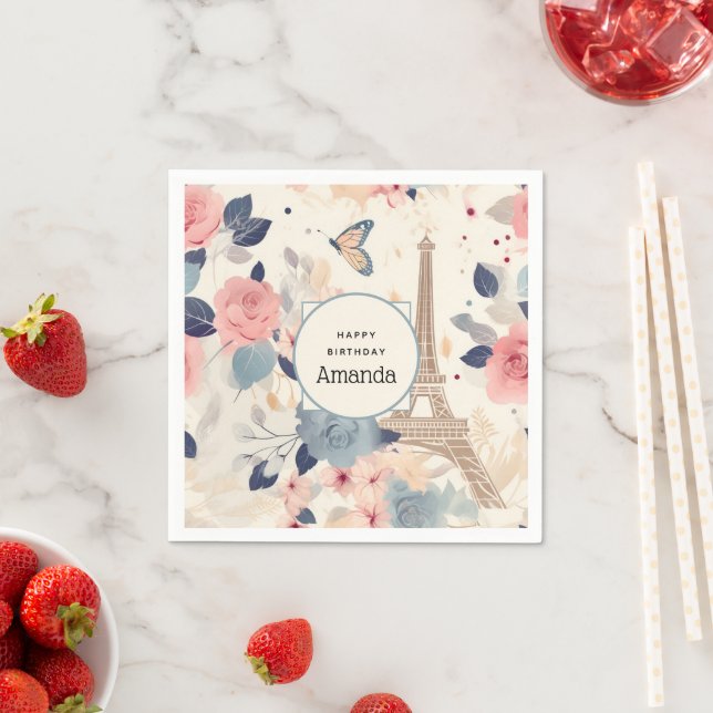 Beautiful Flowers and Eiffel Tower Paris Birthday Napkins (Insitu)