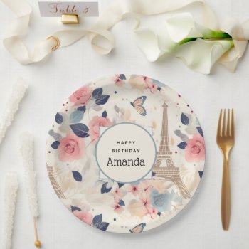 Beautiful Flowers And Eiffel Tower Paris Birthday Paper Plates by Mirribug at Zazzle