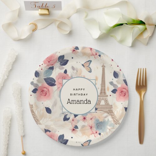 Beautiful Flowers and Eiffel Tower Paris Birthday Paper Plates