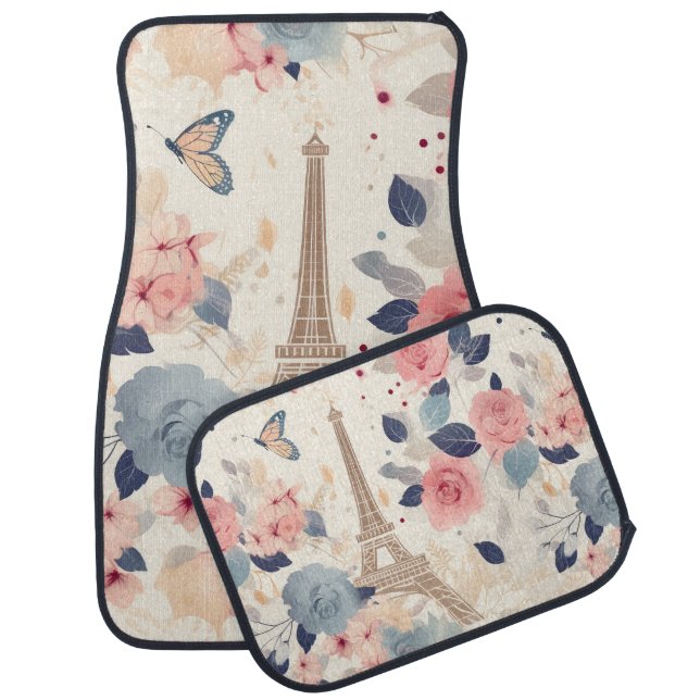 Beautiful Flowers and Eiffel Tower Paris Car Floor Mat (Set)