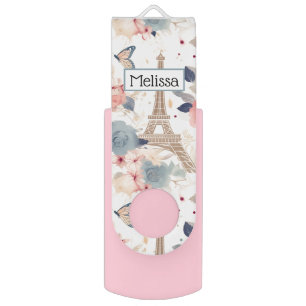 Beautiful Flowers and Eiffel Tower Paris Flash Drive